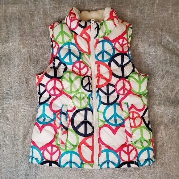 Old Navy Other - Old Navy White Peace Signs & Hearts Puffer Vest, Blue Pink, Girls Size 8 Medium